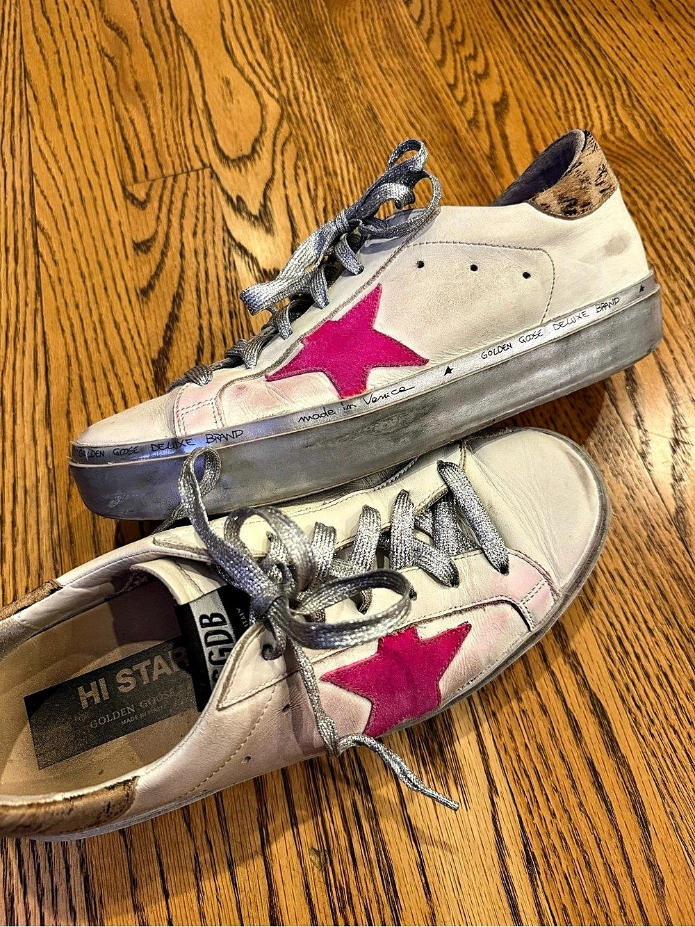 Golden Goose Hi Star Sneakers with Fuchsia Star and Leopard-Print
